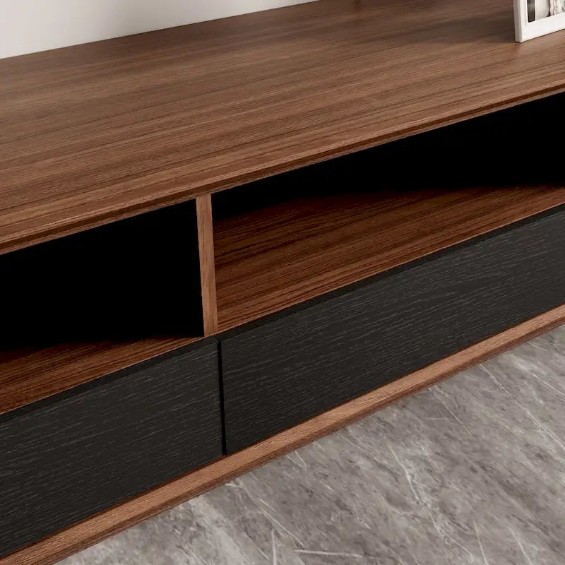 Meuble TV moderne en bois, console multimédia basse avec 4 tiroirs, placard de rangement ouvert, placage noyer, entièrement assemblé