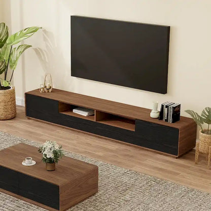 Meuble TV moderne en bois, console multimédia basse avec 4 tiroirs, placard de rangement ouvert, placage noyer, entièrement assemblé