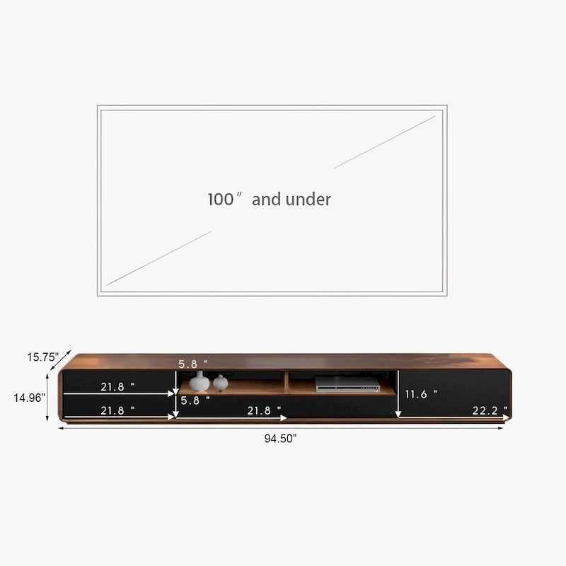 Meuble TV moderne en bois, console multimédia basse avec 4 tiroirs, placard de rangement ouvert, placage noyer, entièrement assemblé