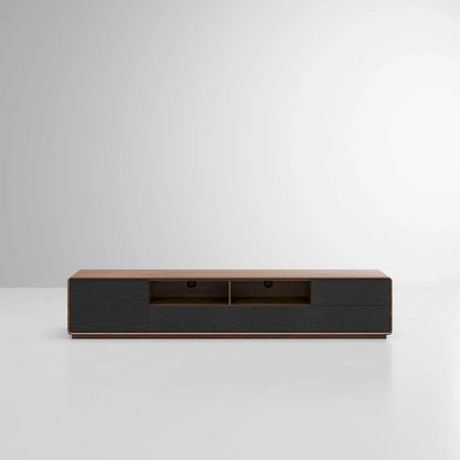 Meuble TV moderne en bois, console multimédia basse avec 4 tiroirs, placard de rangement ouvert, placage noyer, entièrement assemblé