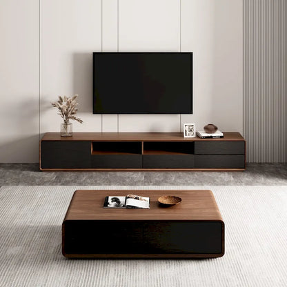 Meuble TV moderne en bois, console multimédia basse avec 4 tiroirs, placard de rangement ouvert, placage noyer, entièrement assemblé