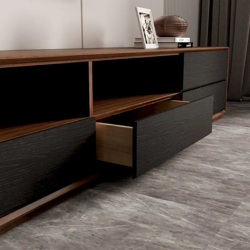 Meuble TV moderne en bois, console multimédia basse avec 4 tiroirs, placard de rangement ouvert, placage noyer, entièrement assemblé