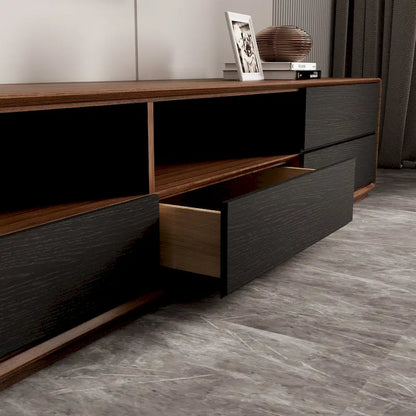 Meuble TV moderne en bois, console multimédia basse avec 4 tiroirs, placard de rangement ouvert, placage noyer, entièrement assemblé