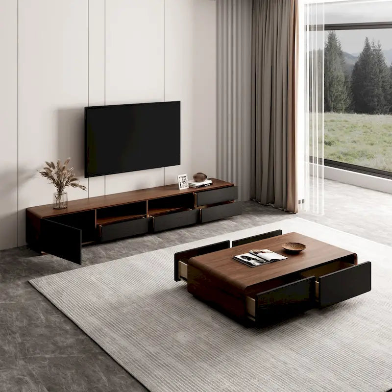 Meuble TV moderne en bois, console multimédia basse avec 4 tiroirs, placard de rangement ouvert, placage noyer, entièrement assemblé