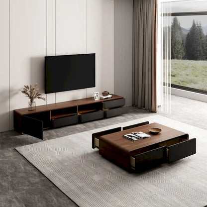 Meuble TV moderne en bois, console multimédia basse avec 4 tiroirs, placard de rangement ouvert, placage noyer, entièrement assemblé