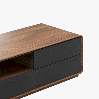 Meuble TV moderne en bois, console multimédia basse avec 4 tiroirs, placard de rangement ouvert, placage noyer, entièrement assemblé