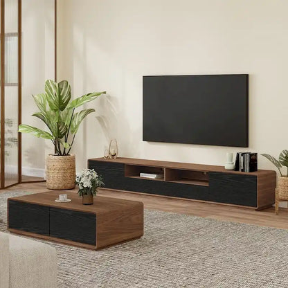 Meuble TV moderne en bois, console multimédia basse avec 4 tiroirs, placard de rangement ouvert, placage noyer, entièrement assemblé
