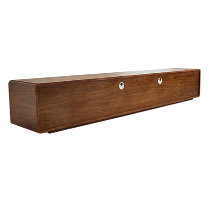 Meuble TV moderne en bois, console multimédia basse avec 4 tiroirs, placard de rangement ouvert, placage noyer, entièrement assemblé