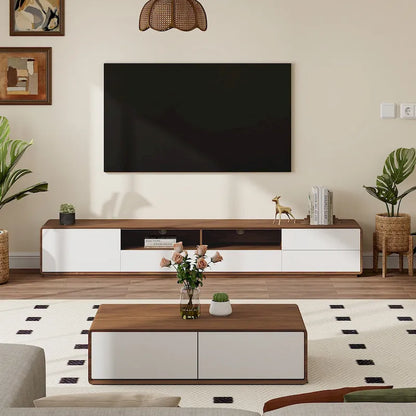 Meuble TV moderne en bois, console multimédia basse avec 4 tiroirs, placard de rangement ouvert, placage noyer, entièrement assemblé