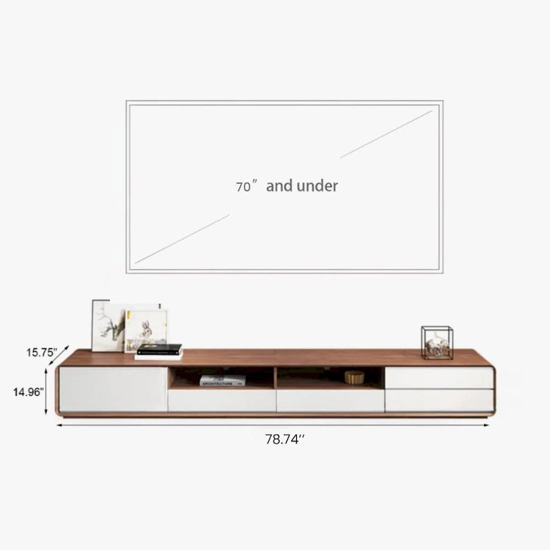 Meuble TV moderne en bois, console multimédia basse avec 4 tiroirs, placard de rangement ouvert, placage noyer, entièrement assemblé