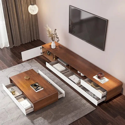 Meuble TV moderne en bois, console multimédia basse avec 4 tiroirs, placard de rangement ouvert, placage noyer, entièrement assemblé