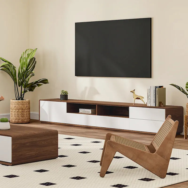 Meuble TV moderne en bois, console multimédia basse avec 4 tiroirs, placard de rangement ouvert, placage noyer, entièrement assemblé