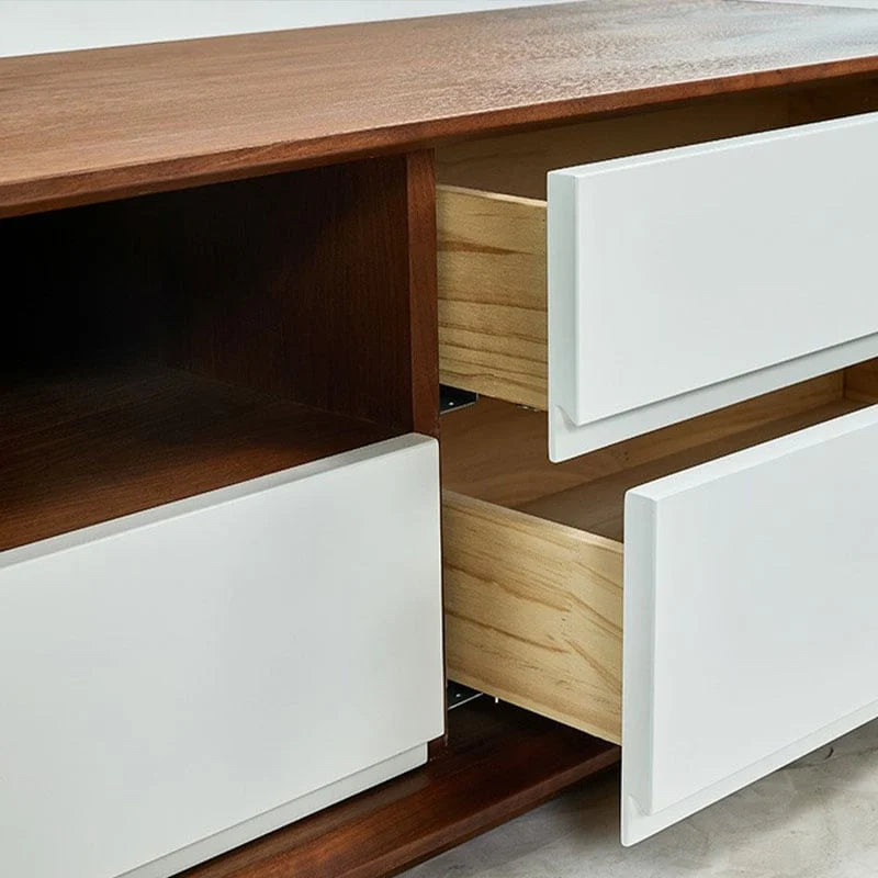 Meuble TV moderne en bois, console multimédia basse avec 4 tiroirs, placard de rangement ouvert, placage noyer, entièrement assemblé