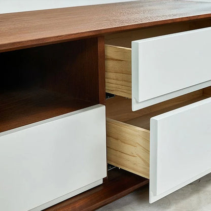 Meuble TV moderne en bois, console multimédia basse avec 4 tiroirs, placard de rangement ouvert, placage noyer, entièrement assemblé