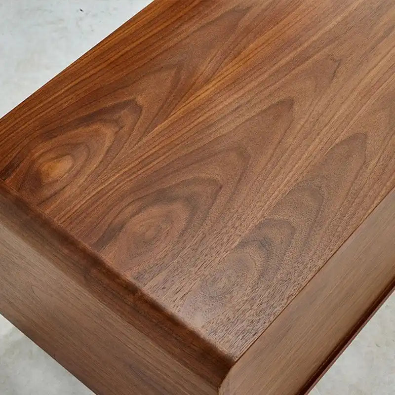 Meuble TV moderne en bois, console multimédia basse avec 4 tiroirs, placard de rangement ouvert, placage noyer, entièrement assemblé