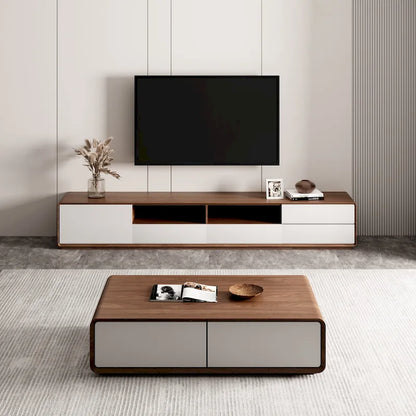 Meuble TV moderne en bois, console multimédia basse avec 4 tiroirs, placard de rangement ouvert, placage noyer, entièrement assemblé