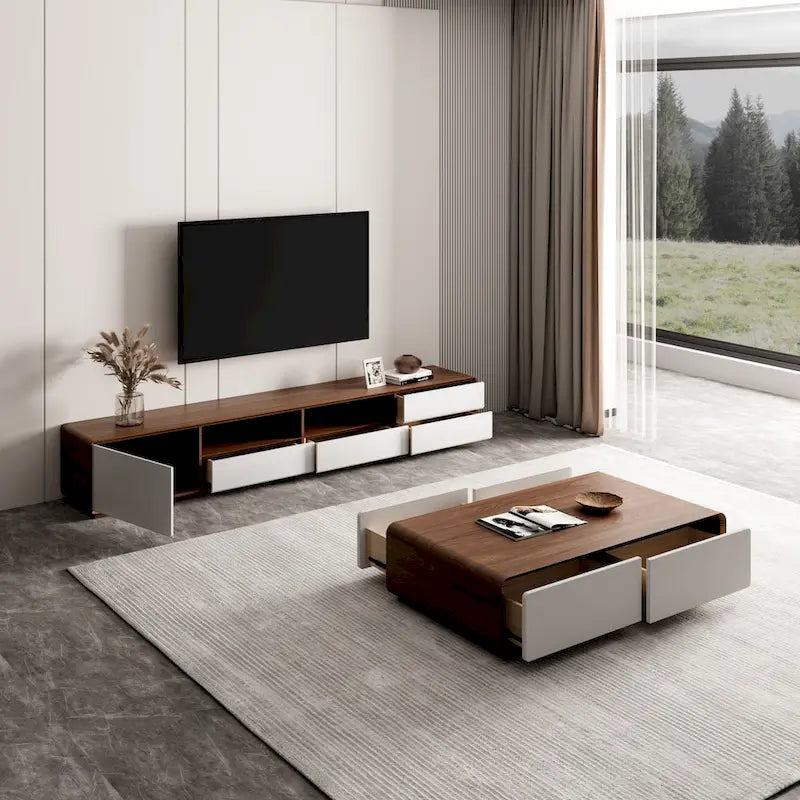 Meuble TV moderne en bois, console multimédia basse avec 4 tiroirs, placard de rangement ouvert, placage noyer, entièrement assemblé