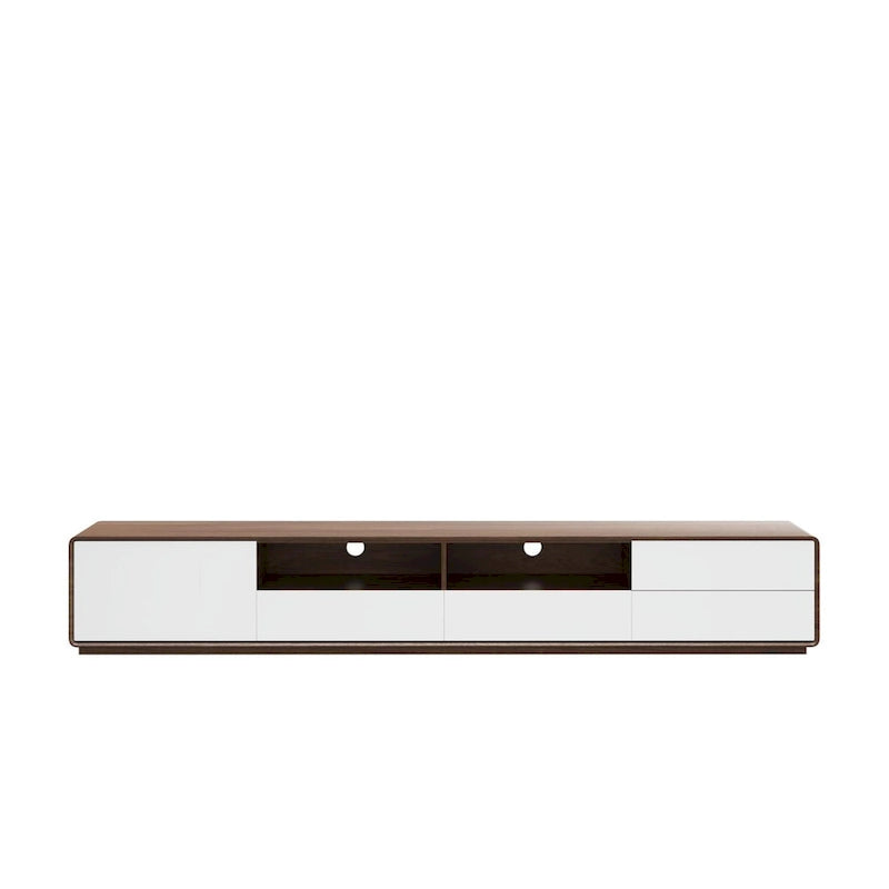 Meuble TV moderne en bois, console multimédia basse avec 4 tiroirs, placard de rangement ouvert, placage noyer, entièrement assemblé