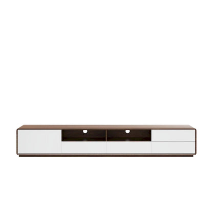 Meuble TV moderne en bois, console multimédia basse avec 4 tiroirs, placard de rangement ouvert, placage noyer, entièrement assemblé