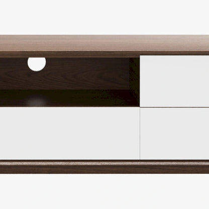 Meuble TV moderne en bois, console multimédia basse avec 4 tiroirs, placard de rangement ouvert, placage noyer, entièrement assemblé