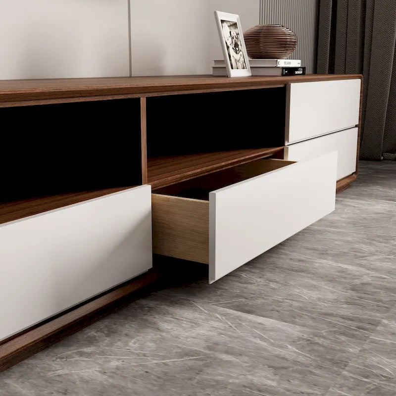 Meuble TV moderne en bois, console multimédia basse avec 4 tiroirs, placard de rangement ouvert, placage noyer, entièrement assemblé