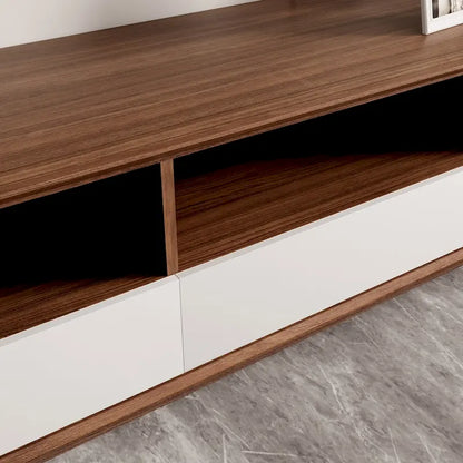 Meuble TV moderne en bois, console multimédia basse avec 4 tiroirs, placard de rangement ouvert, placage noyer, entièrement assemblé