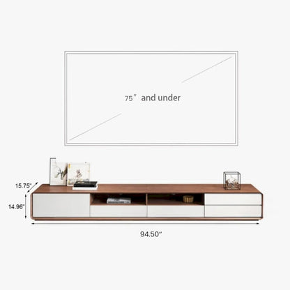 Meuble TV moderne en bois, console multimédia basse avec 4 tiroirs, placard de rangement ouvert, placage noyer, entièrement assemblé