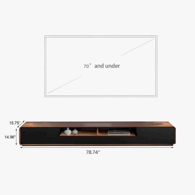 Meuble TV moderne en bois, console multimédia basse avec 4 tiroirs, placard de rangement ouvert, placage noyer, entièrement assemblé