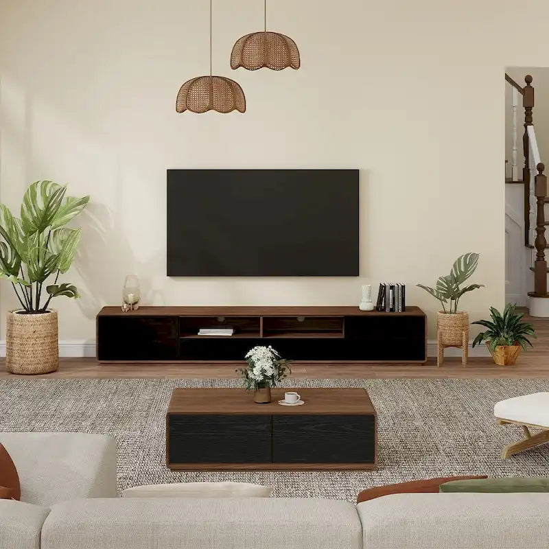 Meuble TV moderne en bois, console multimédia basse avec 4 tiroirs, placard de rangement ouvert, placage noyer, entièrement assemblé