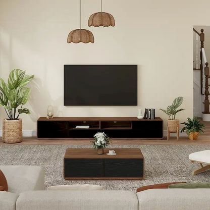 Meuble TV moderne en bois, console multimédia basse avec 4 tiroirs, placard de rangement ouvert, placage noyer, entièrement assemblé