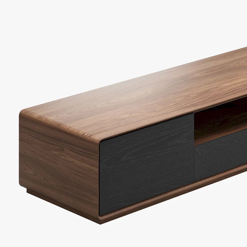 Meuble TV moderne en bois, console multimédia basse avec 4 tiroirs, placard de rangement ouvert, placage noyer, entièrement assemblé
