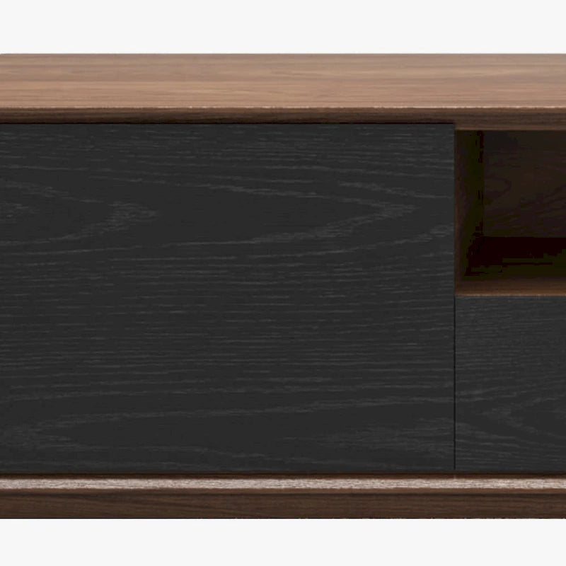 Meuble TV moderne en bois, console multimédia basse avec 4 tiroirs, placard de rangement ouvert, placage noyer, entièrement assemblé