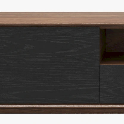 Meuble TV moderne en bois, console multimédia basse avec 4 tiroirs, placard de rangement ouvert, placage noyer, entièrement assemblé