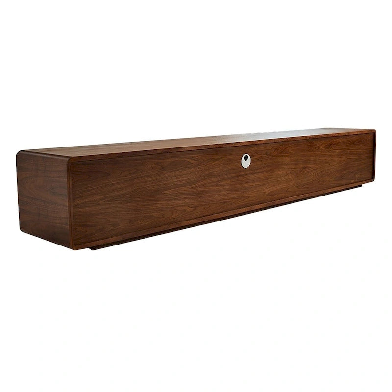Meuble TV moderne en bois, console multimédia basse avec 4 tiroirs, placard de rangement ouvert, placage noyer, entièrement assemblé