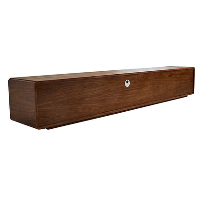Meuble TV moderne en bois, console multimédia basse avec 4 tiroirs, placard de rangement ouvert, placage noyer, entièrement assemblé