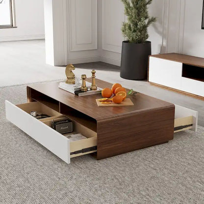 Meuble TV moderne en bois, console multimédia basse avec 4 tiroirs, placard de rangement ouvert, placage noyer, entièrement assemblé