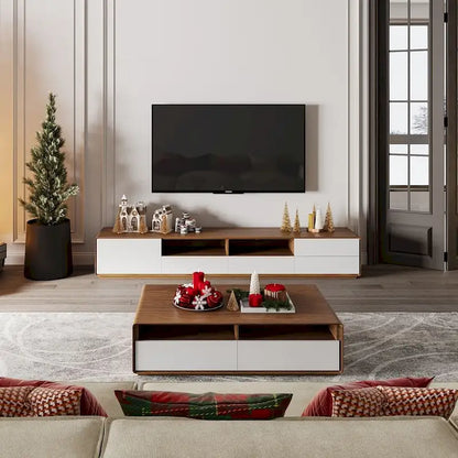 Meuble TV moderne en bois, console multimédia basse avec 4 tiroirs, placard de rangement ouvert, placage noyer, entièrement assemblé