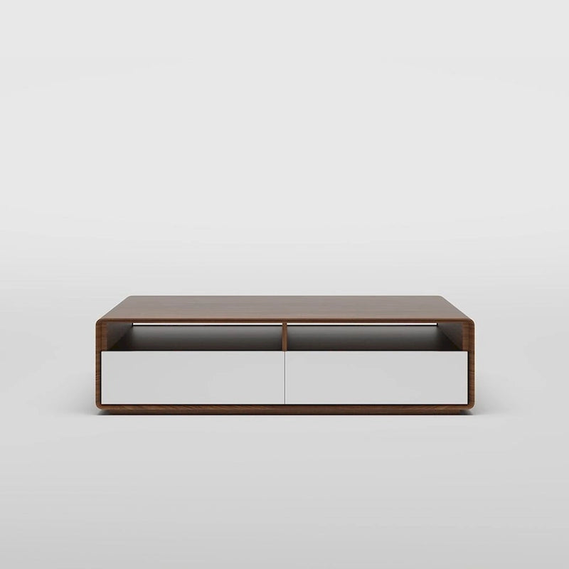 Meuble TV moderne en bois, console multimédia basse avec 4 tiroirs, placard de rangement ouvert, placage noyer, entièrement assemblé