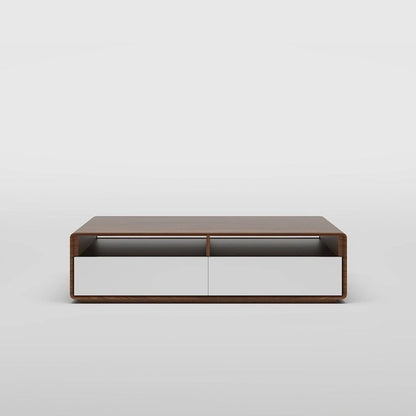 Meuble TV moderne en bois, console multimédia basse avec 4 tiroirs, placard de rangement ouvert, placage noyer, entièrement assemblé