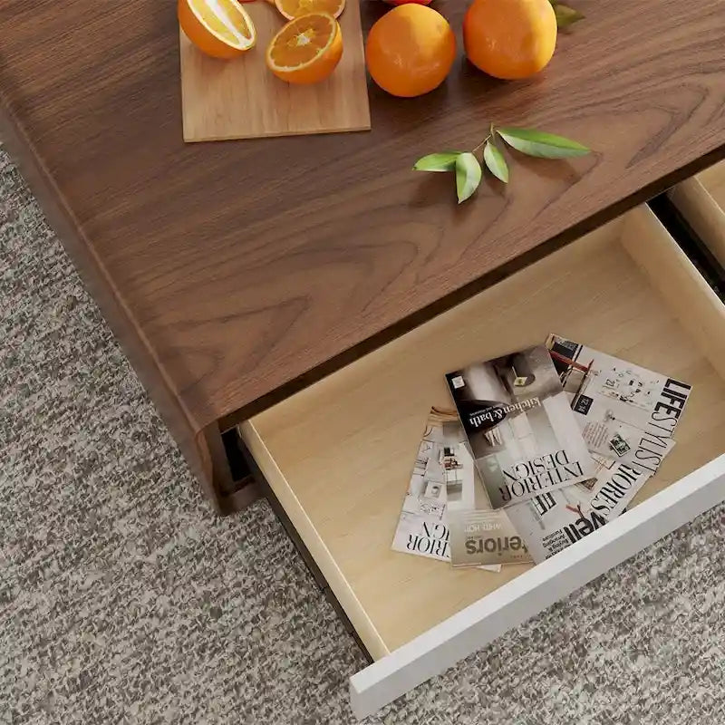 Meuble TV moderne en bois, console multimédia basse avec 4 tiroirs, placard de rangement ouvert, placage noyer, entièrement assemblé
