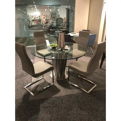 Table ronde en verre transparent avec piètement en acier inoxydable ou plateau tournant