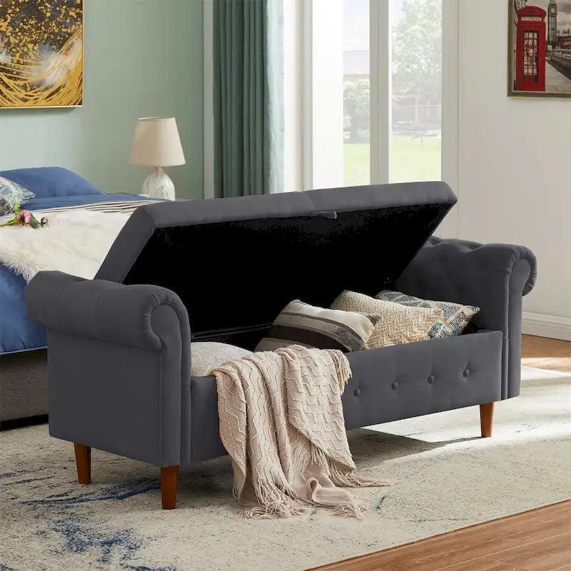 Banc de rangement pour chambre à coucher, bout de lit, pouf en lin avec accoudoirs roulés, canapé long