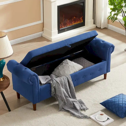 Banc de rangement pour chambre à coucher, bout de lit, pouf en lin avec accoudoirs roulés, canapé long