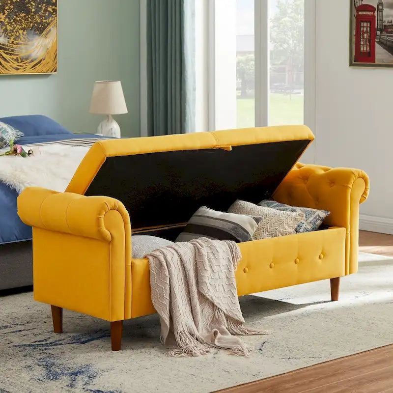 Banc de rangement pour chambre à coucher, bout de lit, pouf en lin avec accoudoirs roulés, canapé long