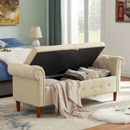 Banc de rangement pour chambre à coucher, bout de lit, pouf en lin avec accoudoirs roulés, canapé long