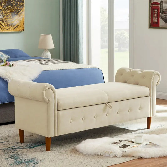 Banc de rangement pour chambre à coucher, bout de lit, pouf en lin avec accoudoirs roulés, canapé long