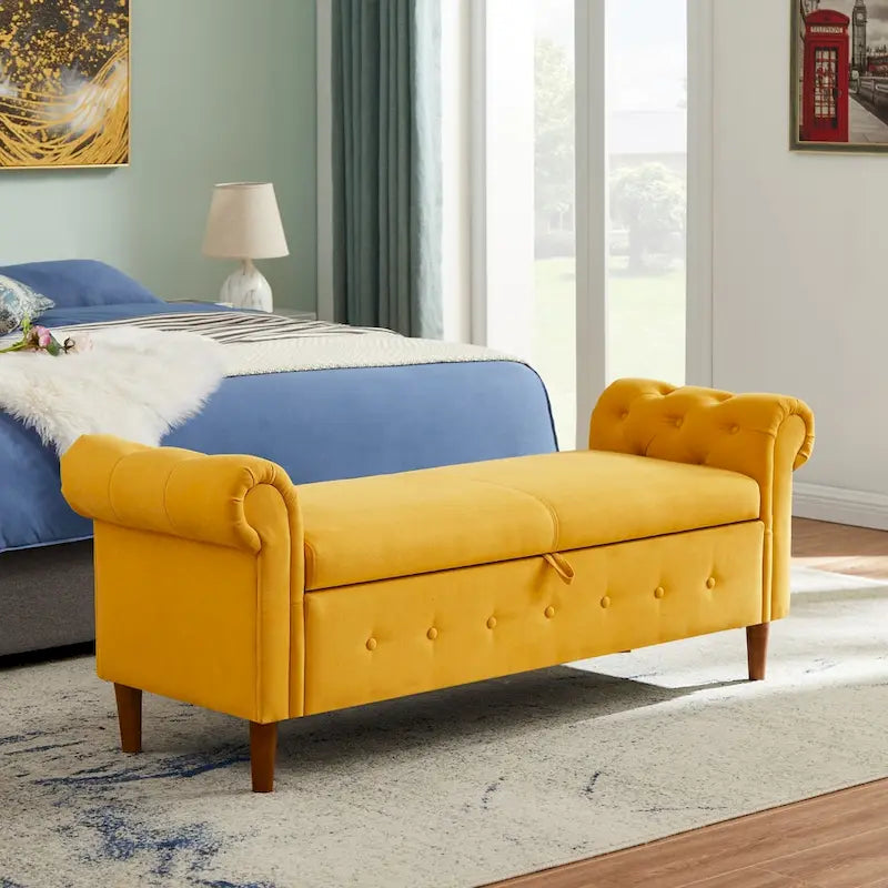 Banc de rangement pour chambre à coucher, bout de lit, pouf en lin avec accoudoirs roulés, canapé long