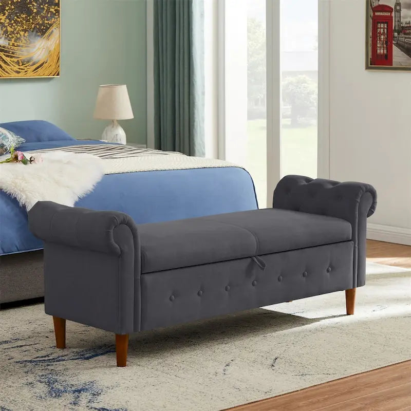 Banc de rangement pour chambre à coucher, bout de lit, pouf en lin avec accoudoirs roulés, canapé long