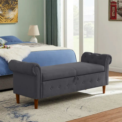Banc de rangement pour chambre à coucher, bout de lit, pouf en lin avec accoudoirs roulés, canapé long