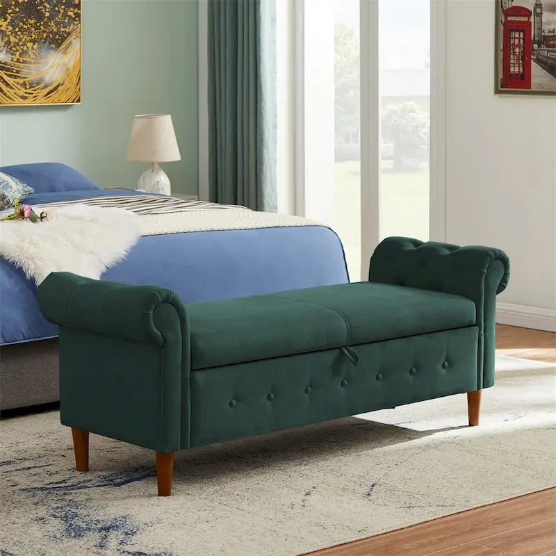 Banc de rangement pour chambre à coucher, bout de lit, pouf en lin avec accoudoirs roulés, canapé long